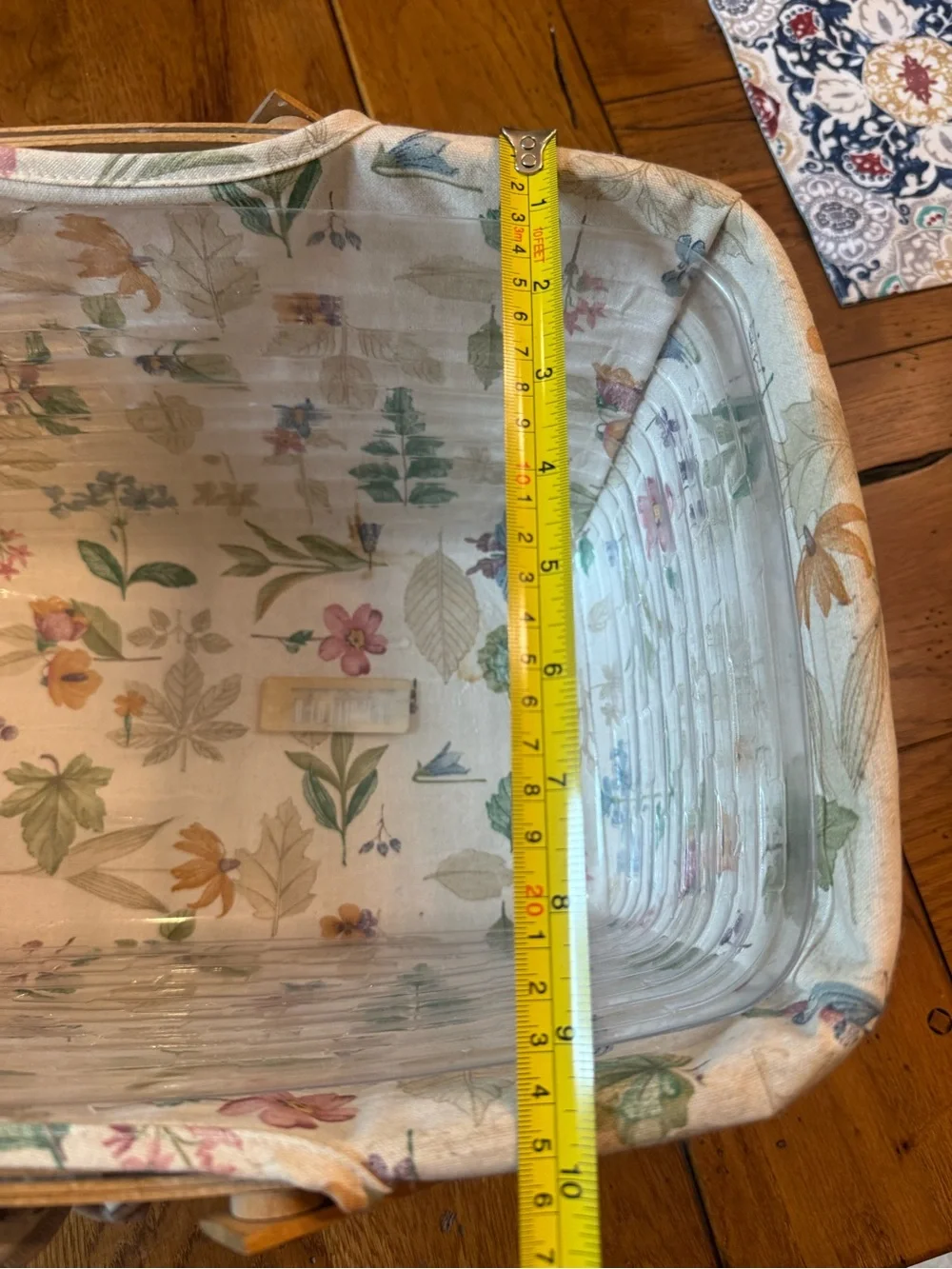 Longaberger Tan Woven Basket with Floral Liner and Double Handles